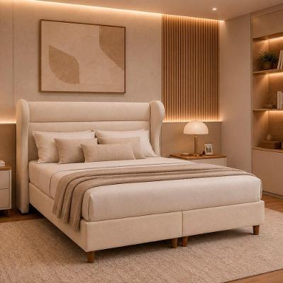 Cama Box King Elegante com Cabeceira Tecido Linho Off White Sallar Home