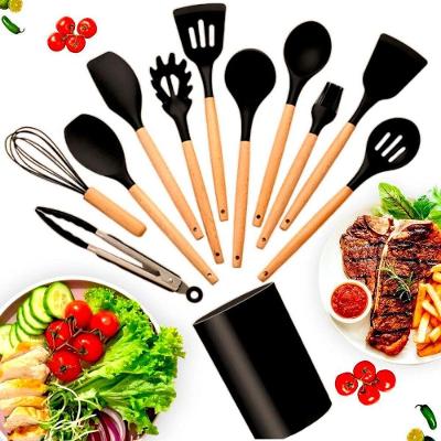 Kit 12 Peças Utensílios Cozinha em Silicone e Madeira com Porta Utensílios Preto Aquilae