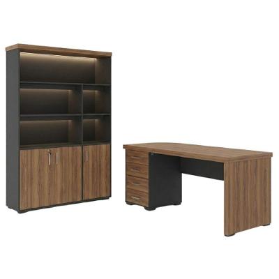 Mesa Escritório Retangular Executivo Moderno 4 Gavetas MDP 180CM Preto e Estante com LED Artany