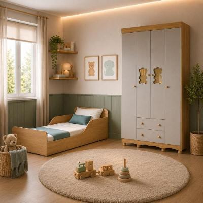 Conjunto de Quarto Ternura com Minicama Colchão e Guarda Roupa 4 Portas 2 Gavetas MDP-MDF Amadeirado