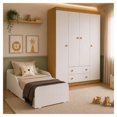 Conjunto de Quarto Encanto com Minicama e Guarda Roupa 4 Portas 2 Gavetas MDP-MDF Amadeirado