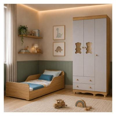 Conjunto de Quarto Ternura com Minicama e Guarda Roupa 3 Portas 2 Gavetas MDP-MDF Amadeirado