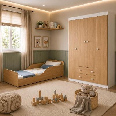 Conjunto de Quarto Encanto com Minicama e Guarda Roupa 4 Portas 2 Gavetas MDP-MDF Branco Multimóveis