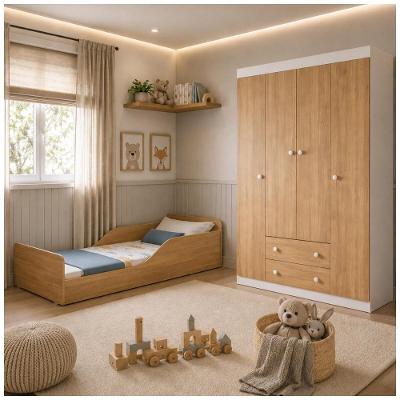 Conjunto de Quarto Minicama com Colchão e Guarda Roupa Encanto MP4830 4 Portas 2 Gavetas Multimóveis