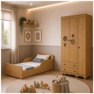 Conjunto de Quarto Suspiro com Minicama e Guarda Roupa 3 Portas 2 Gavetas MDP-MDF Amadeirado