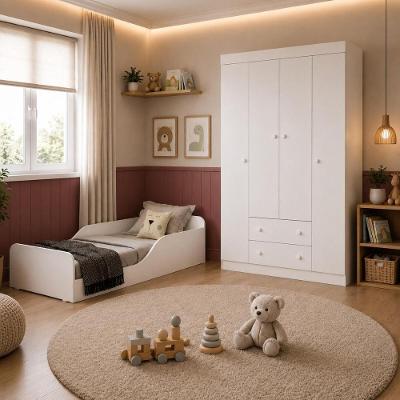 Conjunto de Quarto Encanto com Minicama e Guarda Roupa 4 Portas 2 Gavetas MDP-MDF Branco Multimóveis