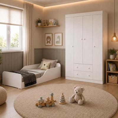 Conjunto de Quarto Encanto com Guarda Roupa 4 Portas 2 Gavetas MDP-MDF Branco Multimóveis