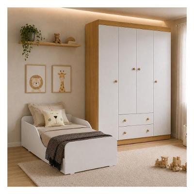 Conjunto de Quarto Encanto com Minicama Colchão e Guarda Roupa 4 Portas 2 Gavetas MDP-MDF Amadeirado