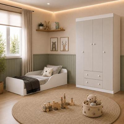 Conjunto de Quarto Encanto com Minicama e Guarda Roupa 4 Portas 2 Gavetas MDP-MDF Branco Multimóveis