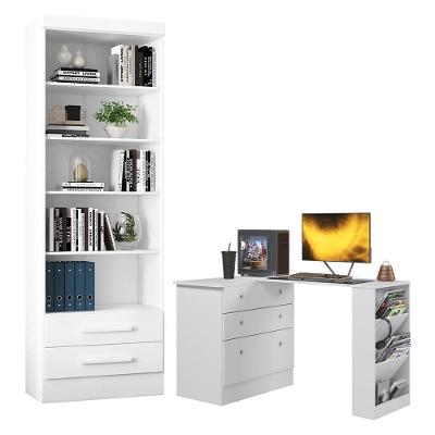 Estante para Livros 3420 Moderno 5 Prateleiras 2 Gavetas MDP Branco com Cômoda com Mesa Gamer Qmovi