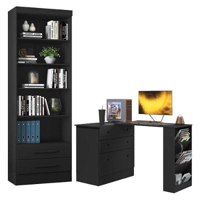 Estante para Livros 3420 2 Gavetas sem Porta MDP 61CM Preto Fosco Qmovi com Cômoda e Mesa Gamer 4840