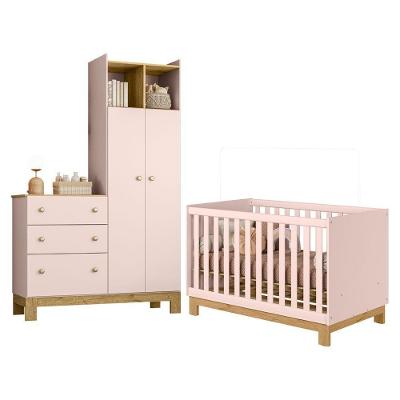 Guarda Roupa Infantil com Cômoda com Berço Americano Mini Cama Flora 4970 MDP e MDF Rosa Qmovi