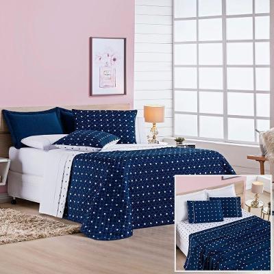 Kit Cobre Leito + Jogo de Cama Petit Poá Casal 100% Poliéster Micro Percal 200 Fios Matelado Marinho