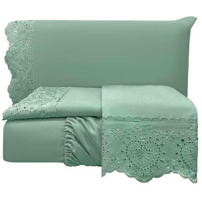 Jogo De Lençol Casal Padrão Bordado Ingles 300 Fios Nupcias 4 Peças Cor Menta