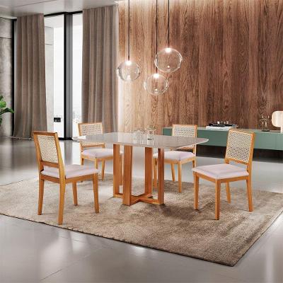 Conjunto Sala de Jantar 4 Lugares Tampo MDF com Vidro Off-White e Cadeiras Linho Creme 120CM Móveis