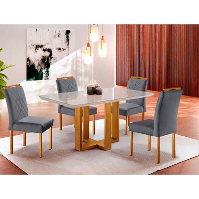 Conjunto Sala de Jantar Olimpia 4 Lugares Tampo MDF Veludo Cinza 120CM Móveis Mundial
