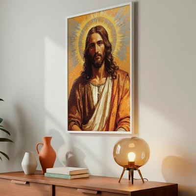 Quadro Decorativo Jesus Cristo Iluminado Retangular 50x75CM com Moldura de Madeira Branca Soleil