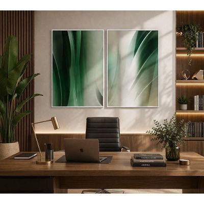 Quadro Decorativo Abstratos Tons de Verde Degradê Kit 2 Retangular em Madeira com Parafuso Branca