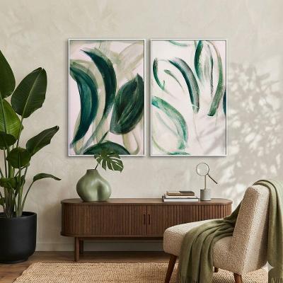 Quadro Decorativo Folhagens Abstratas Retangular em Canvas com Moldura Verde Branca 100x150cm
