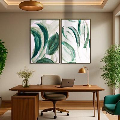 Quadro Decorativo Folhagens Abstratas Retangular em Canvas Madeira de Reflorestamento Amadeirado Kit