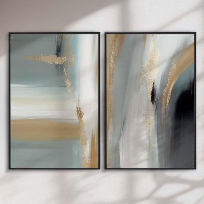 Quadro Decorativo Abstrato Brisa de Ouro e Cinza Retangular em Madeira de Reflorestamento Preto Kit