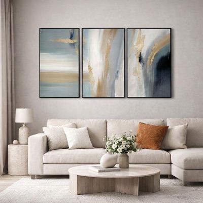 Quadro Decorativo Abstrato Brisa de Ouro e Cinza Kit 3 Retangular 100x150CM em Madeira Preto
