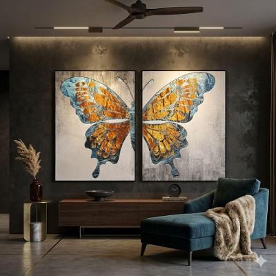 Quadro Decorativo Borboleta Abstrata Azul e Dourado Retangular 60x90CM Madeira Reflorestamento Preto