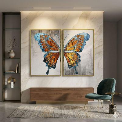 Quadro Decorativo Borboleta Abstrata Kit 2 Retangular 60x90CM em Madeira Azul e Dourado