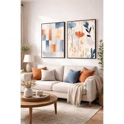 Quadro Decorativo Abstrato e Floral Retangular 80x120CM em Madeira Terracota e Azul Kit 2 Peças