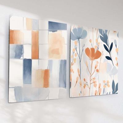 Quadro Decorativo Abstrato e Floral Retangular 80x120cm Canvas Parafuso Terracota e Azul Kit 2