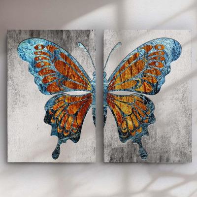 Quadro Decorativo Borboleta Abstrata Azul e Dourado Retangular em Canvas sem Moldura Kit 2