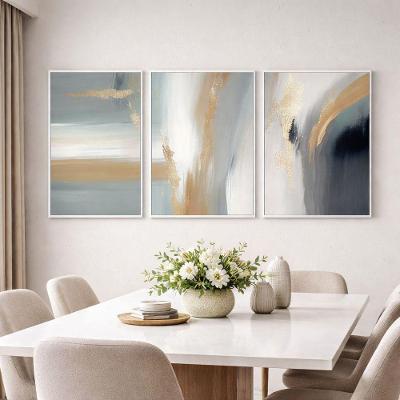 Quadro Decorativo Abstrato Brisa de Ouro e Cinza Kit 3 Retangular em Madeira Branca