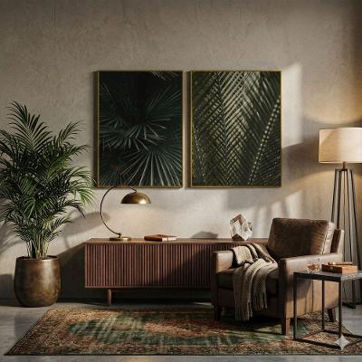Quadro Decorativo Botânico Folhagem Sombria e Trama de Palmeira Kit 2 Retangular em Madeira Dourado