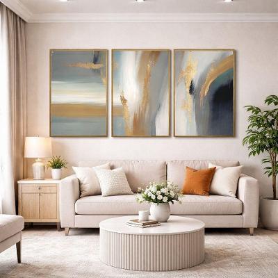 Quadro Decorativo Abstrato Brisa de Ouro e Cinza Retangular 50x70cm em Madeira Dourada Kit 3