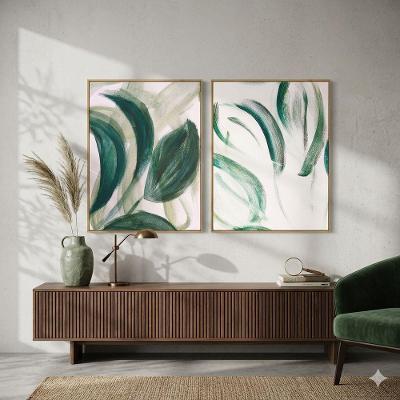 Quadro Decorativo Folhagens Abstratas Retangular em Canvas Dourada 80x120cm Kit 2 Peças