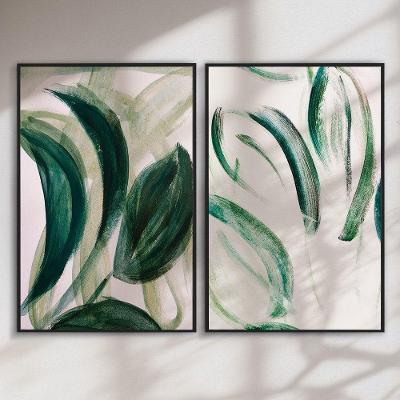 Quadro Decorativo Folhagens Abstratas Retangular em Canvas com Moldura de Madeira Preto Kit 2 Peças