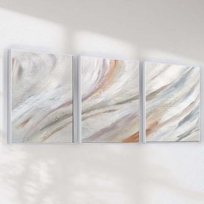Quadro Decorativo Abstrato Pinceladas Kit 3 Retangular em Madeira de Reflorestamento Branca