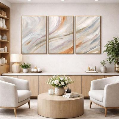 Quadro Decorativo Abstrato Pinceladas Kit 3 Retangular 50x70CM em Madeira Dourado