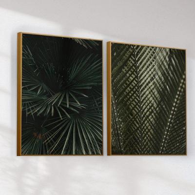 Quadro Decorativo Botânico Folhagem Sombria e Trama de Palmeira Kit 2 Retangular em Madeira