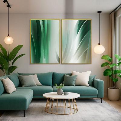 Quadro Decorativo Abstratos Tons de Verde Degradê Kit 2 em Madeira Dourada 100x150cm