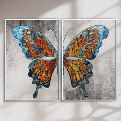Quadro Decorativo Borboleta Abstrata Retangular em Madeira com Fixação por Parafuso Azul e Dourado