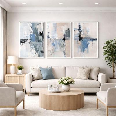 Quadro Decorativo Abstrato Moderno Tons Azuis e Bege Kit 3 Retangular em Madeira de Reflorestamento