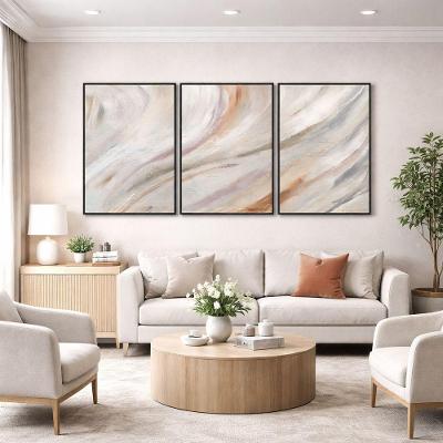 Quadro Decorativo Abstrato Pinceladas Kit 3 Retangular em Madeira de Reflorestamento Amadeirado
