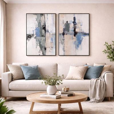 Quadro Decorativo Abstrato Moderno Tons Azuis e Bege Kit 2 Retangular em Madeira com Parafuso Preto