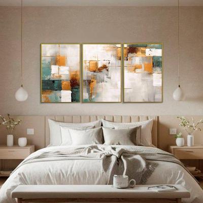 Quadro Decorativo Abstrato Dourado com Verde Kit 3 Retangular 50x70CM em Madeira de Reflorestamento