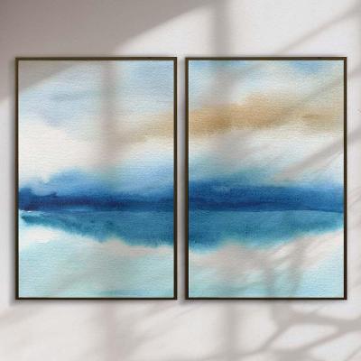 Quadro Decorativo Abstrato Aquarela Azul Retangular em Madeira com Parafuso Amadeirado Kit 2 Peças