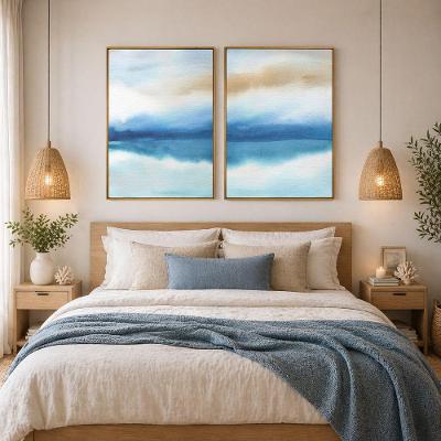 Quadro Decorativo Abstrato Aquarela Azul Kit 2 Retangular em Madeira Natural 50x70cm