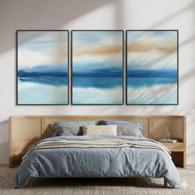 Quadro Decorativo Abstrato Aquarela Azul Kit 3 em Madeira de Reflorestamento Preto 80x120cm