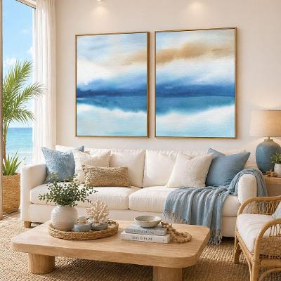 Quadro Decorativo Aquarela Azul Dourada Kit 2 Retangular Madeira de Reflorestamento Parafuso