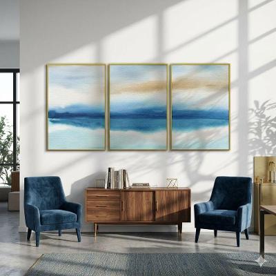 Quadro Decorativo Abstrato Aquarela Azul Kit 3 Retangular em Madeira de Reflorestamento